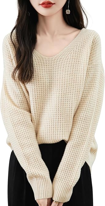 Chanyarn Womens 100% Merino Wool Sweater 2025 Fall Winter Casual V Neck Long Sleeve Waffles Knit Sweater Pullover