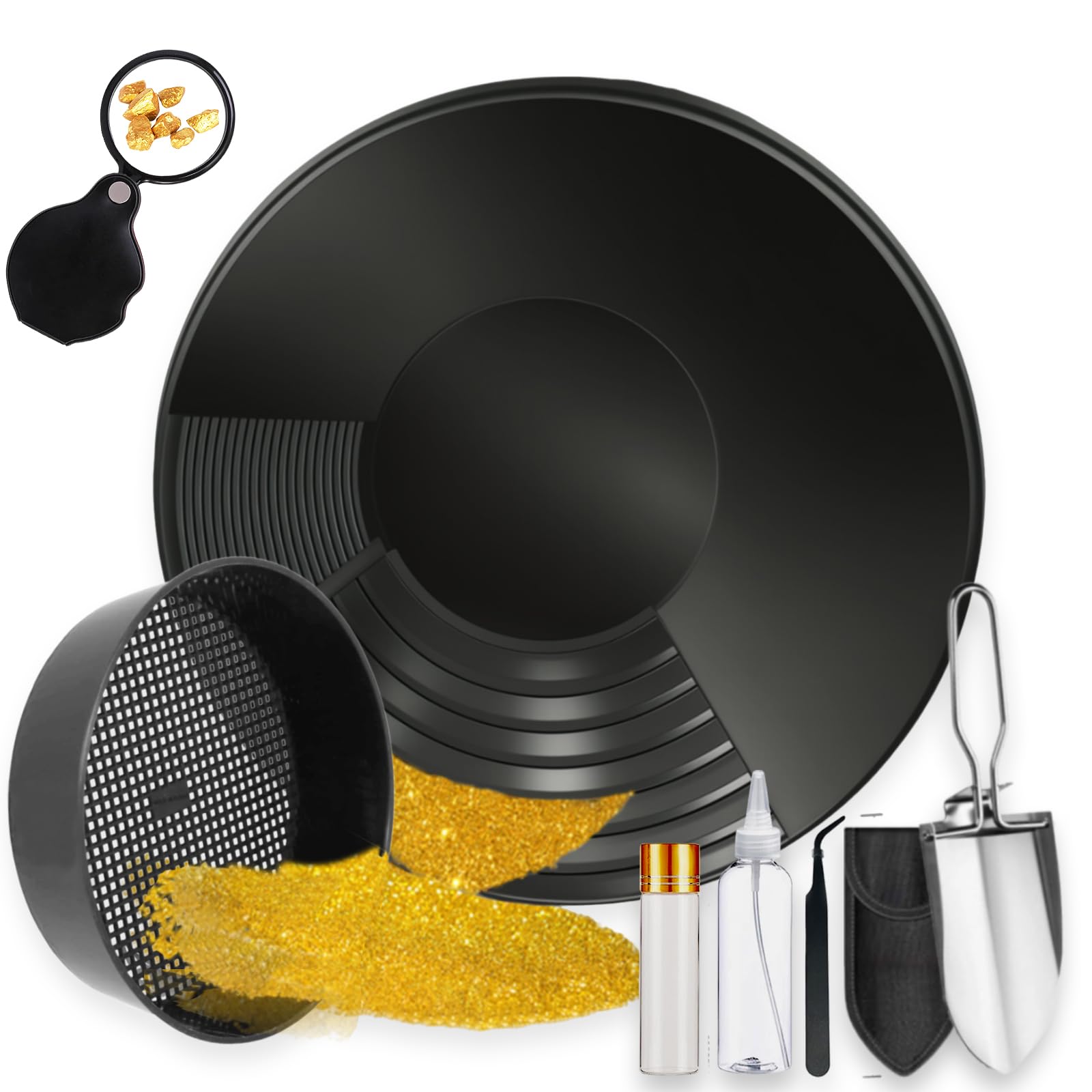 Setaccio Oro Kit Setaccio Per Oro Gold Pan Kit Bacino per la Ricerca dell'oro Ricerca Oro Pans Setaccio Accessori per Sabbia Oro miniere Lavaggio Manuale Oro panning (nero)