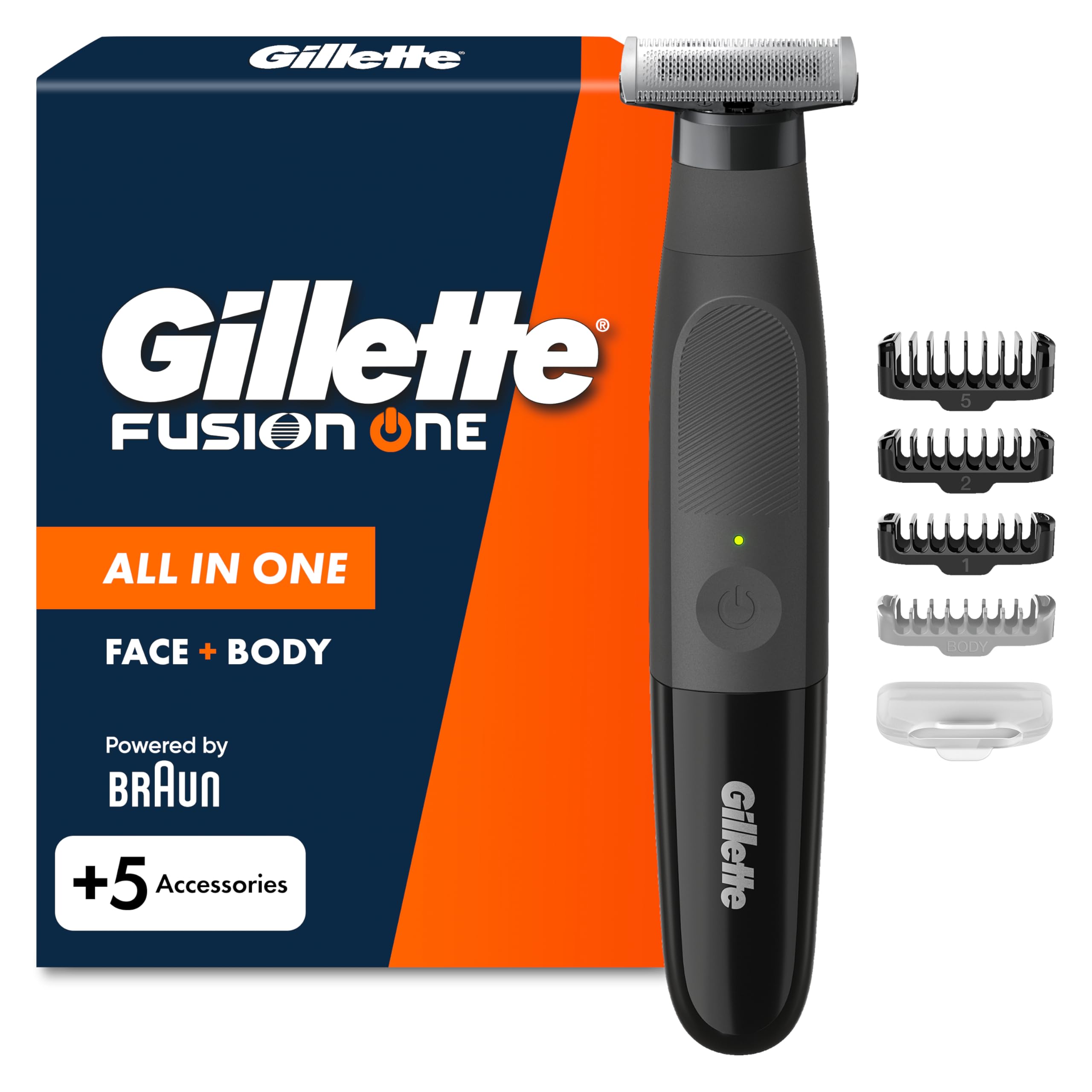 Gillette Fusion One Recortadora de Barba Y Afeitadora Corporal, Negro - Barbero Todo en Uno para Cara Y Cuerpo, Cabezal Pivotante, 4 Peines, Tapa Protectora, Resistente al Agua, 45 Min de Uso