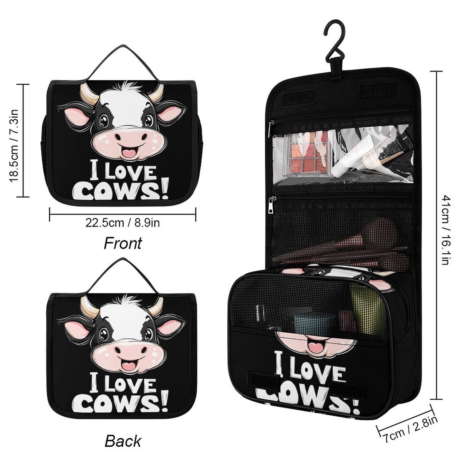 I Love Cows Makeup Bag Portable Hanging Organizer for Travel Wash Bags With Handle And Divider