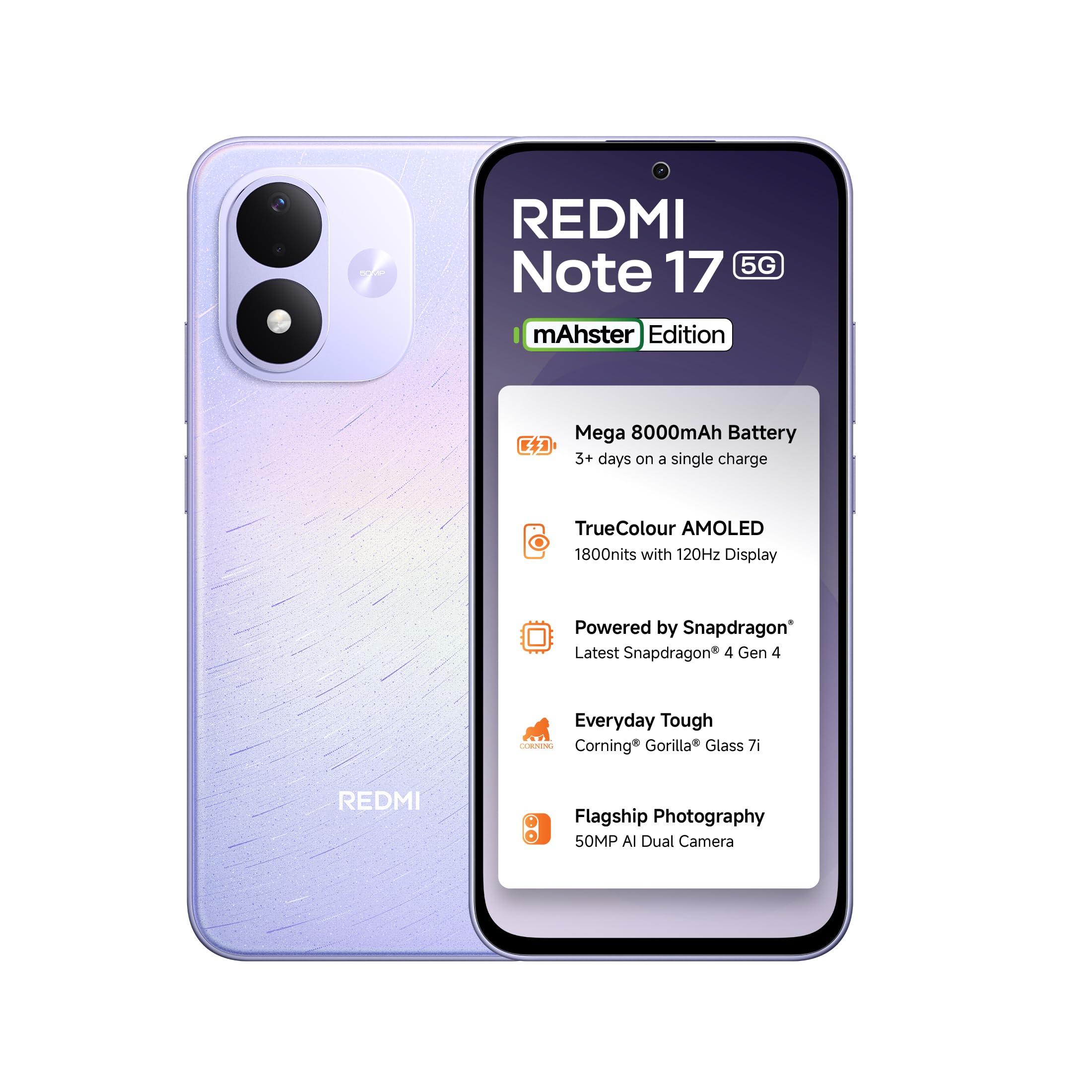 Redmi Note 17 5G (Starlight Purple, 6GB RAM, 128GB ROM) | 8000mAh Battery + 45W Fast Charging | 6.99" TrueColour AMOLED | Snapdragon 4 Gen 4 | 50MP Dual AI Camera | Corning® Gorilla® Glass 7i | IP65