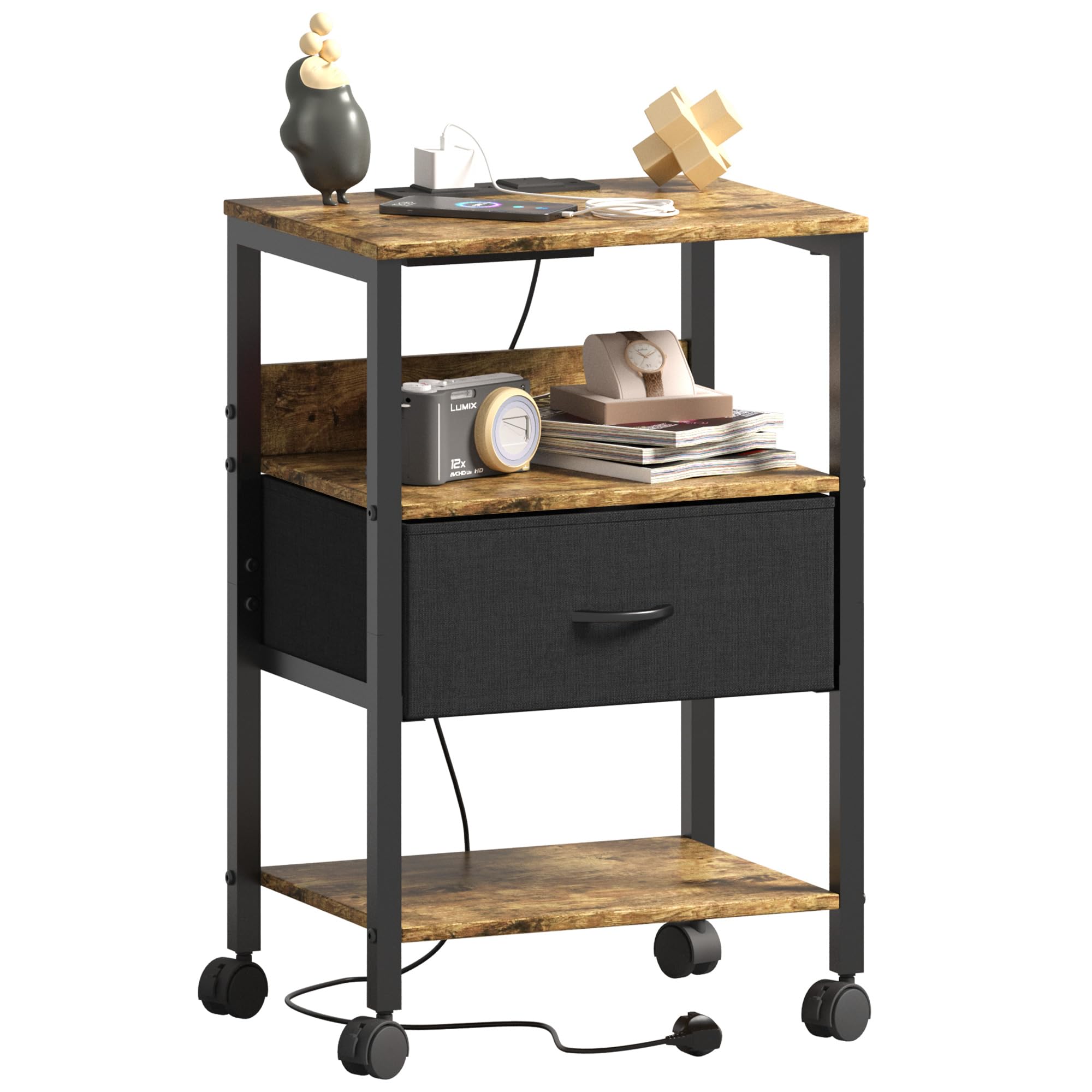 Lutown-Teen Bedside Table with Charging Station & 4 Castor Wheels, Rustic Brown