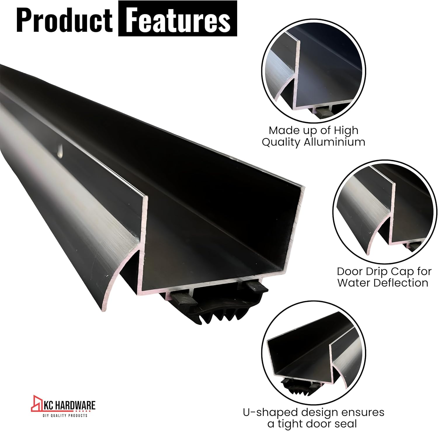 U Shaped Aluminum Door Bottom Sweep with Door Drip Cap, Weather Stripping Door Seal Bottom for Front Door Bottom, Under Door Seal for Exterior Doors 1 3/4" Width, Black (32 Inch)