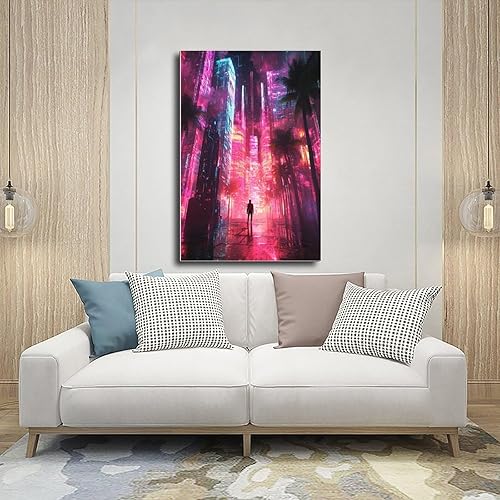 Miniatura 5 de Vaporwave Aesthetic Poster  Cyberpunk Retro Art Print with Neon City And Palm Trees Decor Poster Print Decorative Painting Canvas Wall Art Living