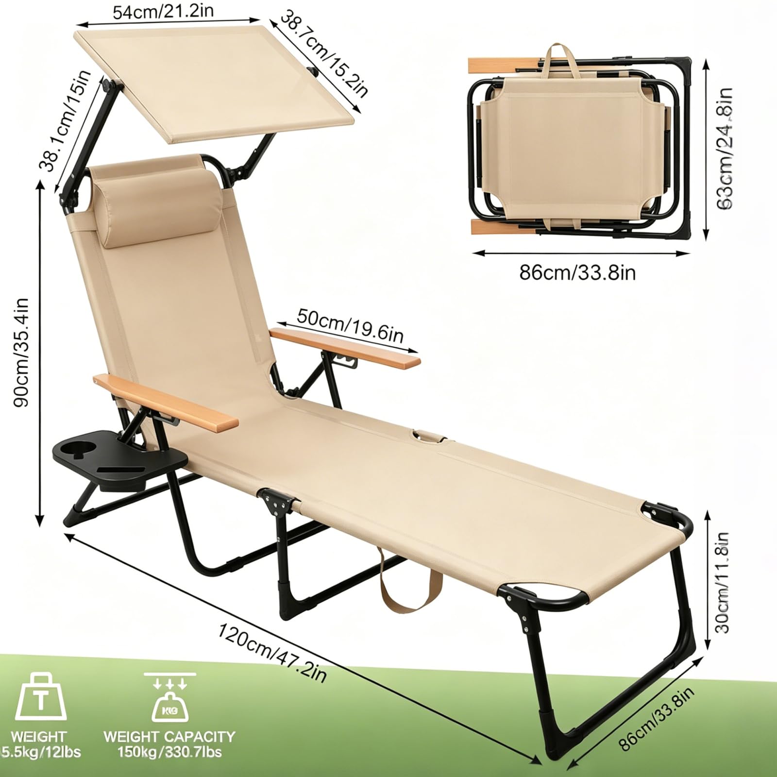 Gartenliege mit Sonnendach, Strandliege Klappbar Leicht, Sonnenliege Klappbar, Gartenliege Wetterfest, Verstellbare Campingliege für Garten, Balkon, Camping, Strand (Beige, Mit Sonnendach)