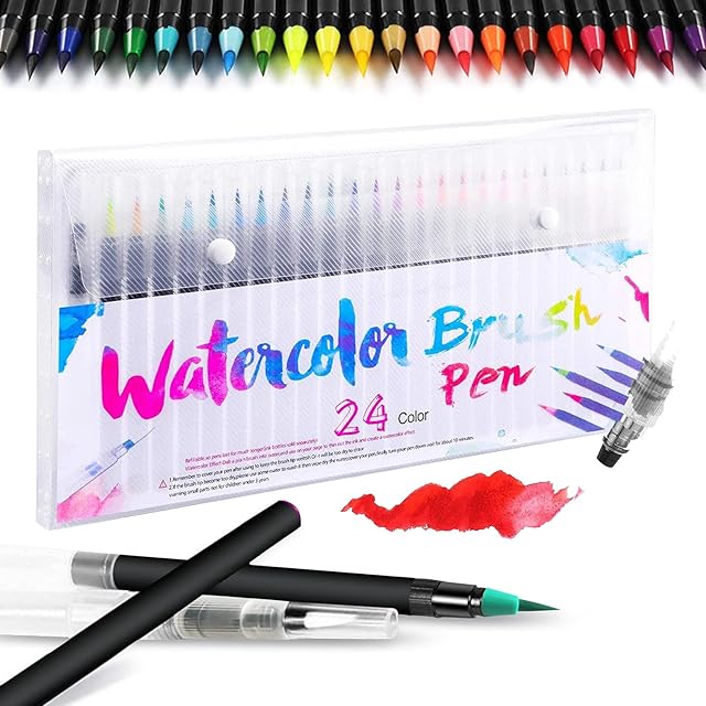 Watercolor Brush Pens Set, Hirsrian 24 Brush Pens, Calligraphy Painting Sketching Marker with 1 Brush Water Pen Non toxic for Adult Kids