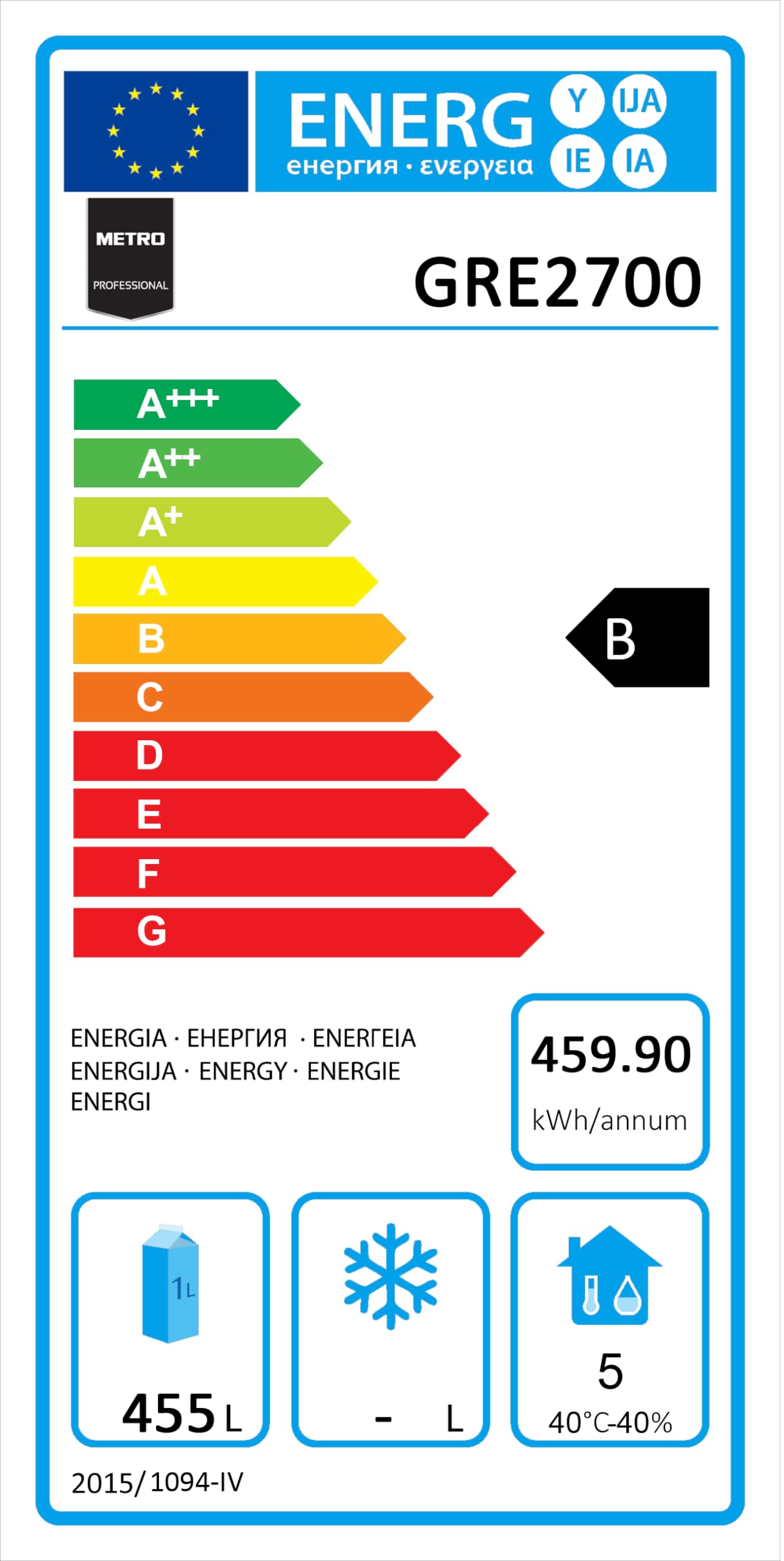 METRO Professional Frigorifero GRE2700, acciaio inox, 3 ripiani regolabili, sbrinamento automatico, refrigerazione ventilata, 455 l, 220 W, con serratura, argento