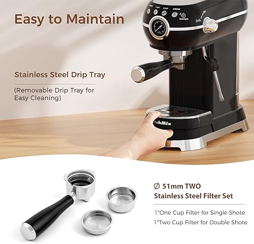 Miniatura 8 de Máquina de café expreso con espumador de leche, cafetera de café espresso de acero inoxidable de 20 bar con espumador de leche, máquina de café