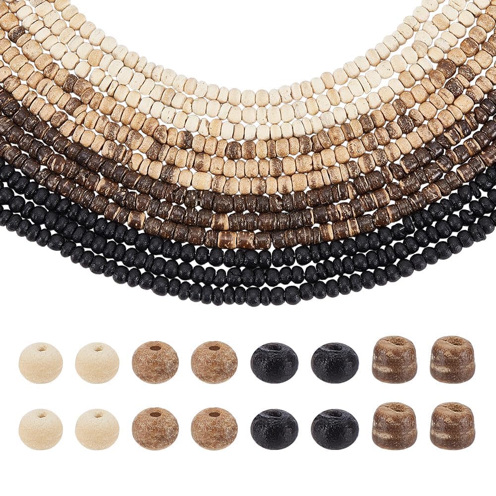 PH PandaHall 1440pcs 4 Colors Coconut Wood Beads 4.5mm Flat Oblate Beads Natural Wooden Bead Loose Spacer Bead Strands for Bracelet Necklace Jewelry DIY Earring Crafts Keychains Making