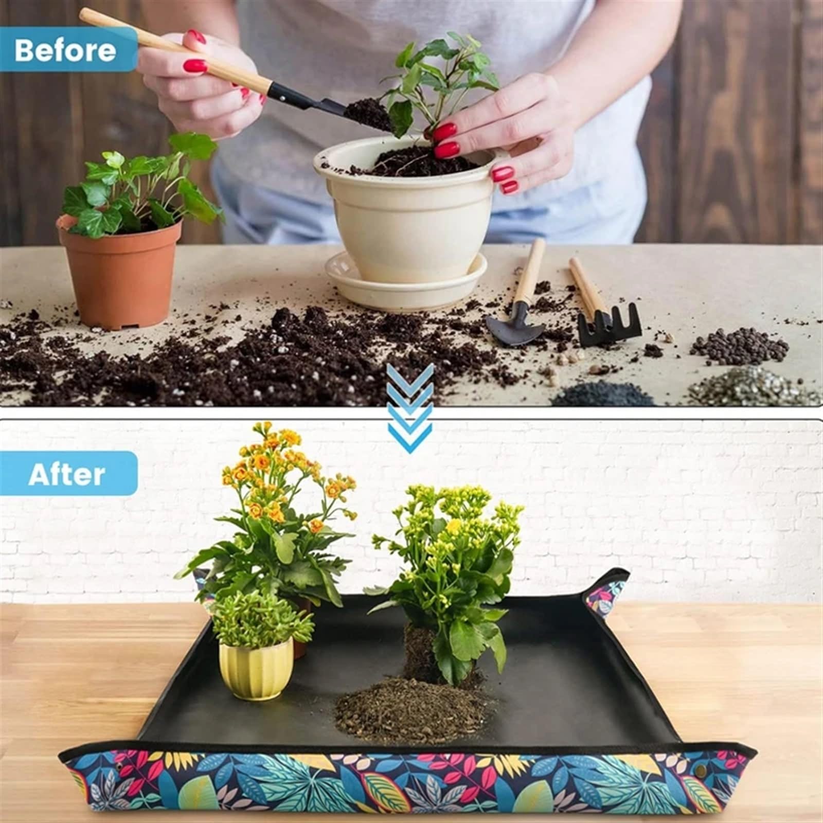 1 pièces 50cm-100cm Tapis de Plantation Peint imperméable à l'eau Tapis de rempotage Pliable Plante de Jardin Pot de Fleur Tapis de Transplantation Tapis de Jardinage(100x100cm)
