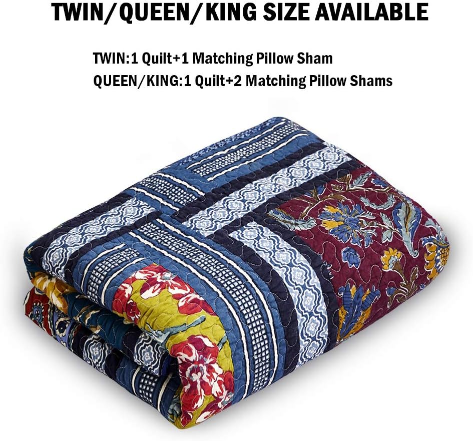 🔥 Cashback up to 70% DECMAY 3 Piece Boho Real Patchwork 100% Cotton Bedspread King Deep Blue Vintage Plaid Floral Daybed Bedding Light Weight Reversible Quilt Luxury Matelasse Bed Coverlet Set with Shams