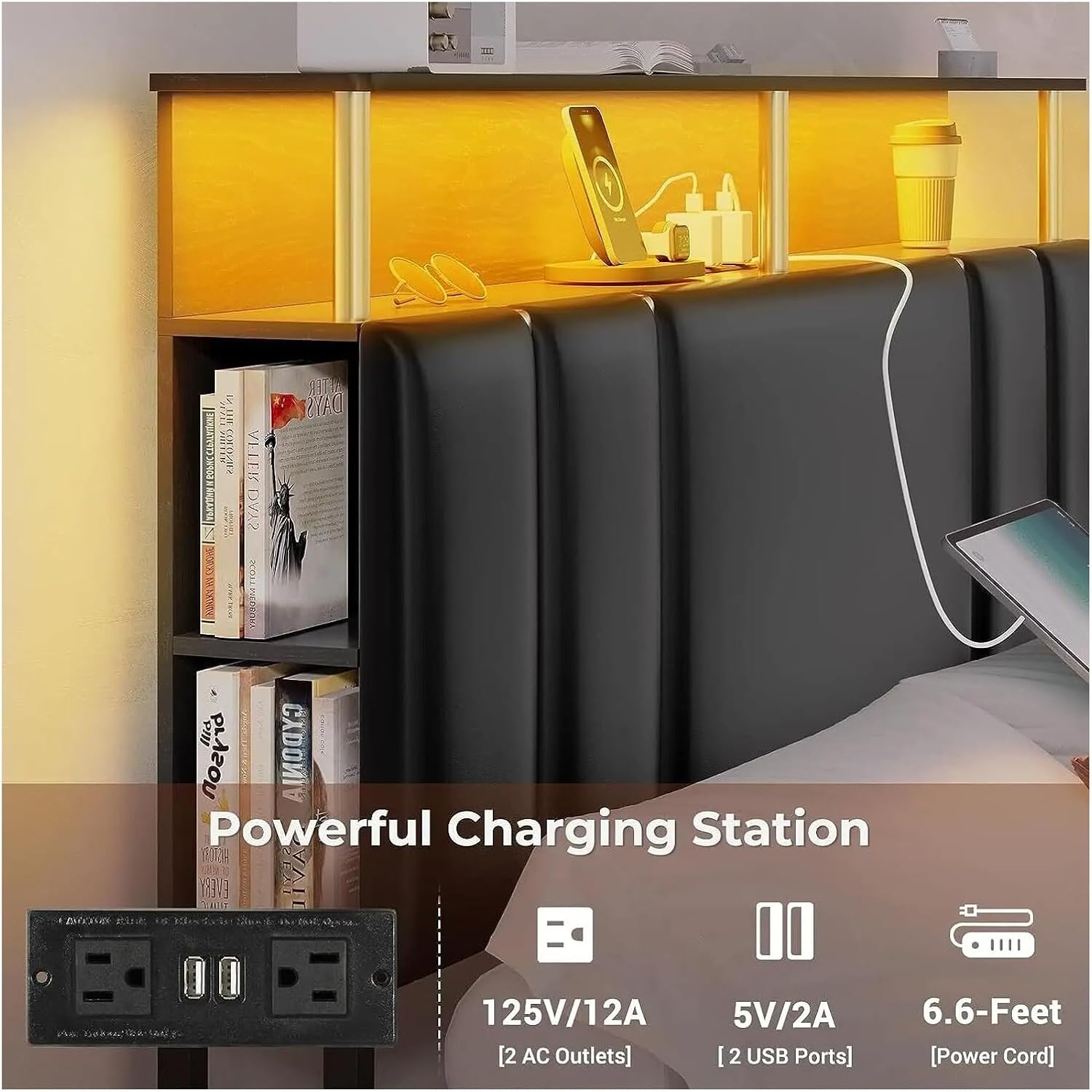 Modern Design high-end Luxury Padded Platform Double Bed with LED Lights, headboard with Bookshelf, Adult and Adolescent,Modern Style