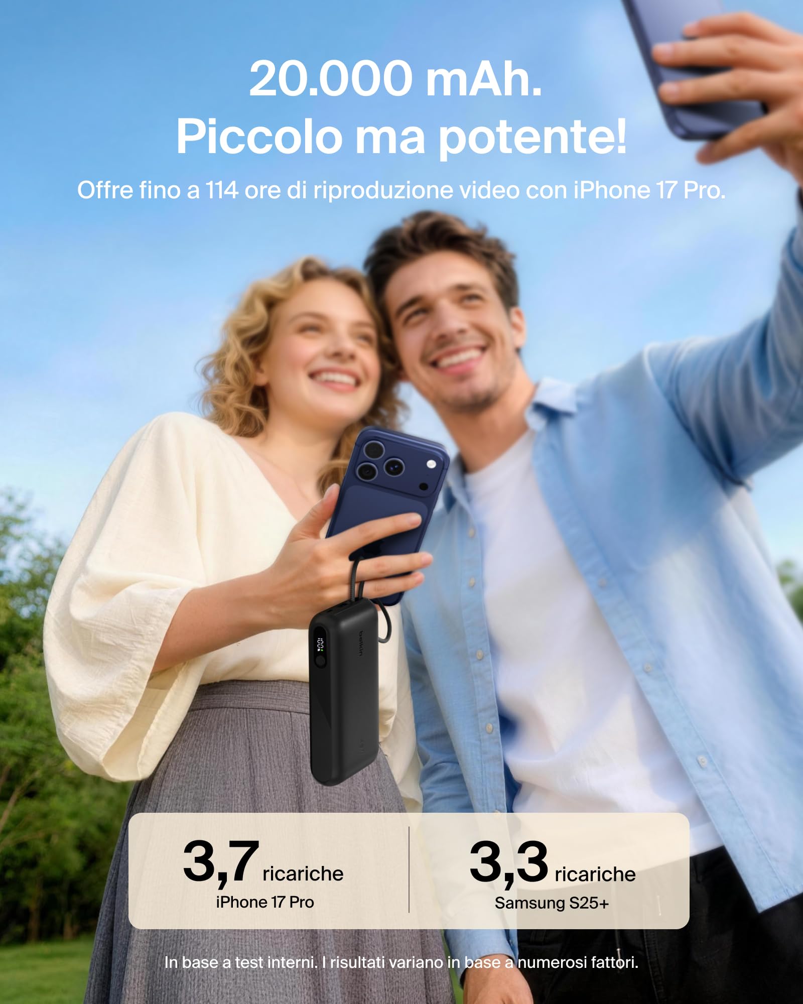 Belkin UltraCharge Power Bank 20000mAh con Cavo USB-C e Display - Nero | Caricatore Portatile 20000mAh, Ricarica 3 dispositivi (1 USB-C, Cavo USB-C Integrato, 1 USB-A), 45W, Pre-Caricato, Display