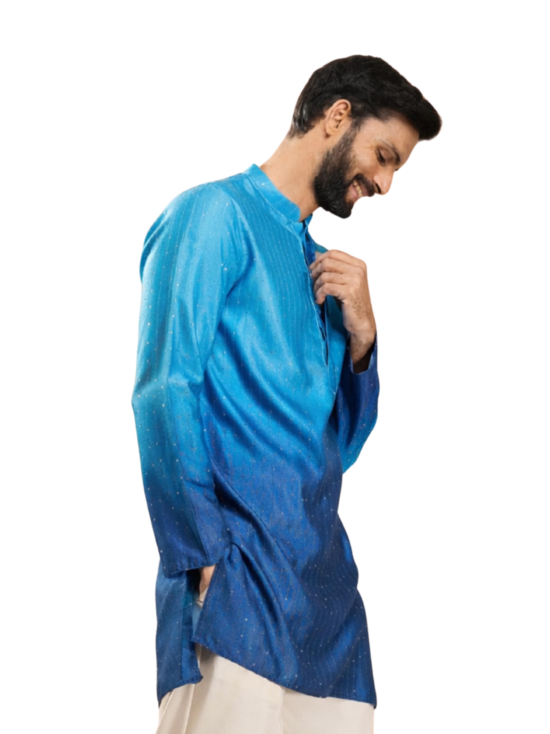 vastramay Men Silk Blend Ombre Sequin Kurta | Mid-Length Thigh Cut | All-Over Geometric Sequin | Wedding, Diwali, Navratri, Festive Glitz, Party-picture-44