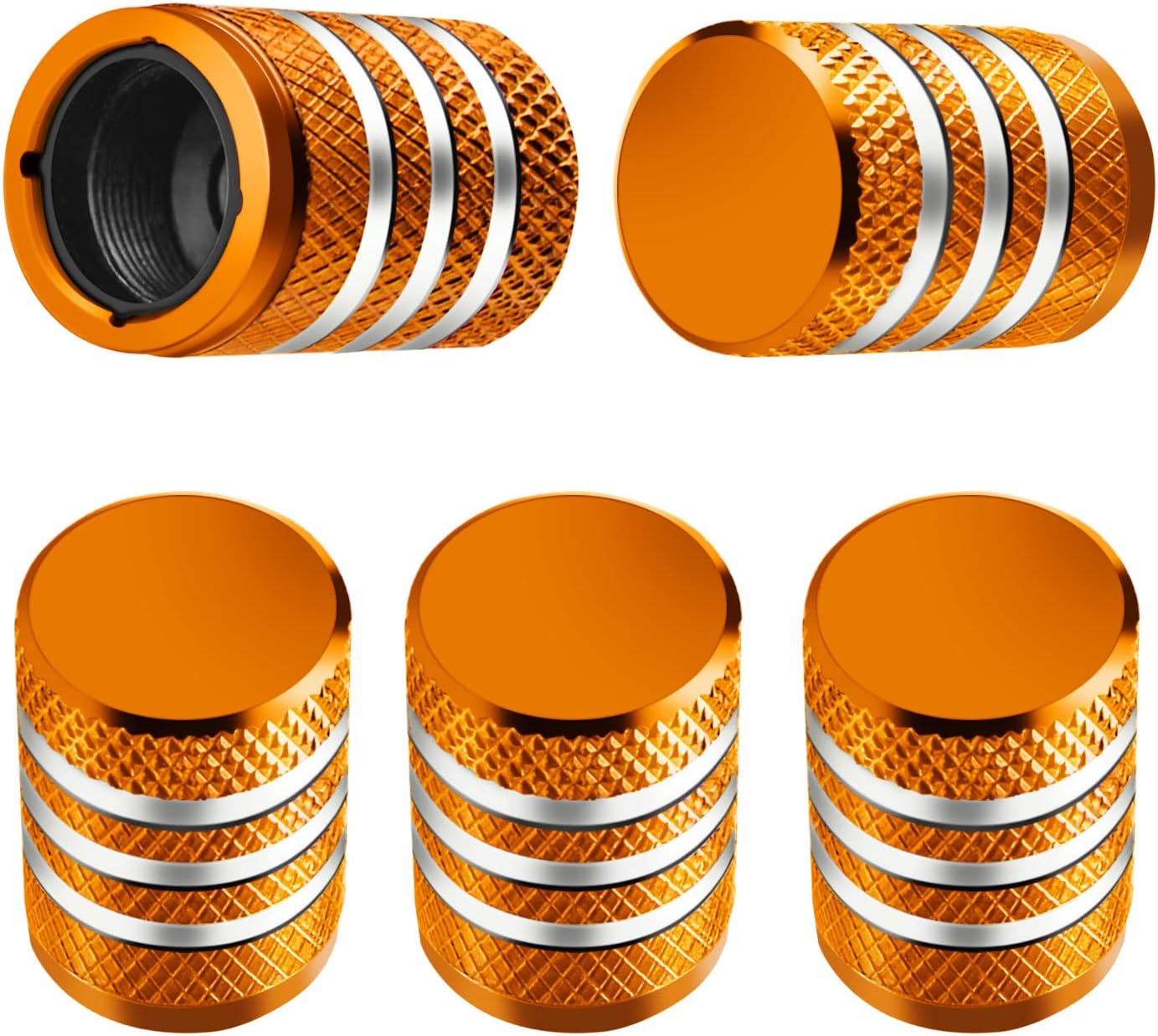 Tire Valve Stem Caps - (5 Pack) Tire Air Caps Metal with Plastic Liner Corrosion Resistant Leak-Proof for Car Truck Motorcycle SUV and Bike Orange