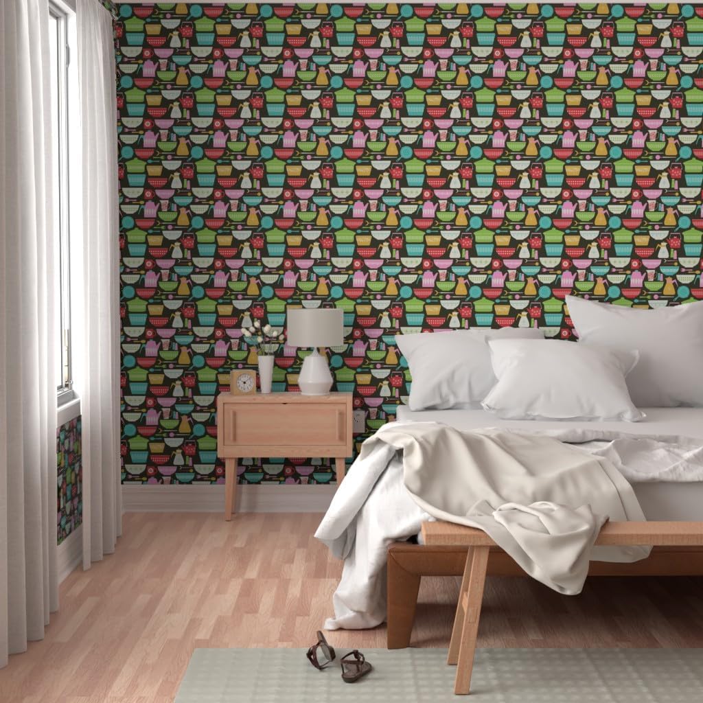 Peel & Stick Wallpaper 3ft x 2ft - Vintage Kitchen Bright Pink Green Blue Red Retro 1950S Custom Removable Wallpaper by Spoonflower