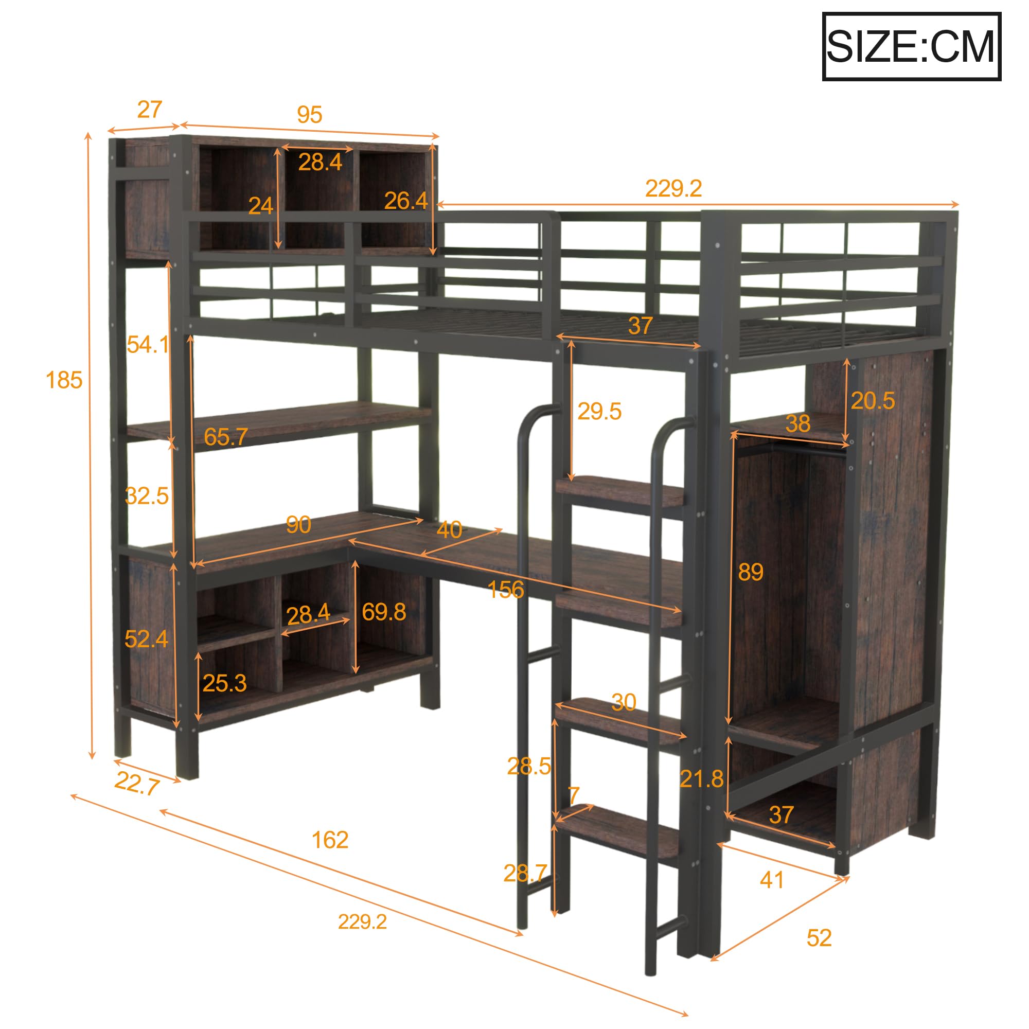 Letto a Soppalco Gaming per Cameretta, con Scrivania, Luci LED, Presa Elettrica, Armadio, Ripiani e Scaffali Aperti, Scala Larga, Metallo Robusta, per Adolescenti e Adulti (90 x 200 cm - Singolo)