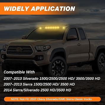 3Pcs LED Cab Marker Lights, Smoked Lens Amber Cab Roof Clearance Lights Compatible with Silverado/Sierra 1500 2500 2500HD 3500 3500HD 2014 2500HD 3500HD 2007-2013 (Smoked Amber)