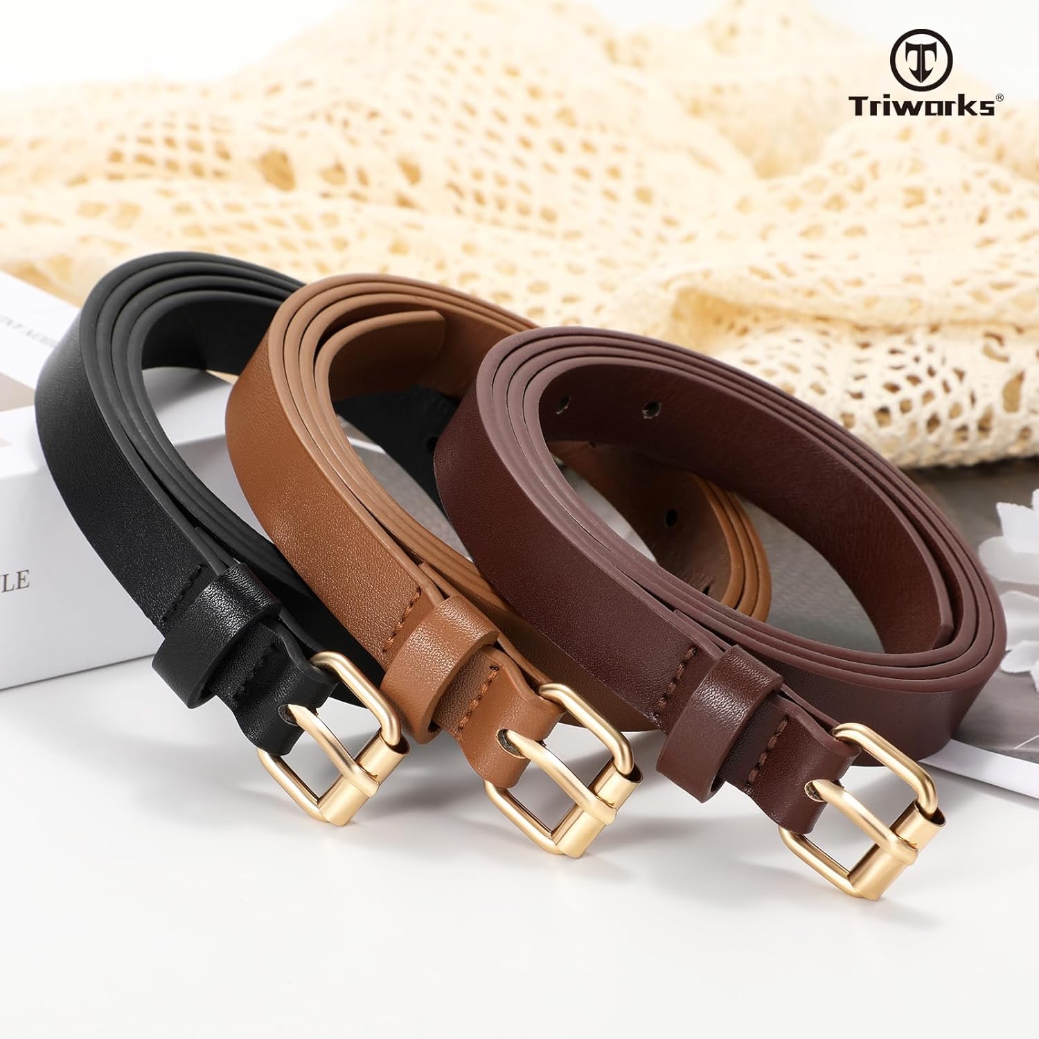 TRIWORKS 3 Pack Women Skinny Leather Belt for Jeans Pants Dress Ladies Thin Waist Belt with Gold Buckle - Image 5