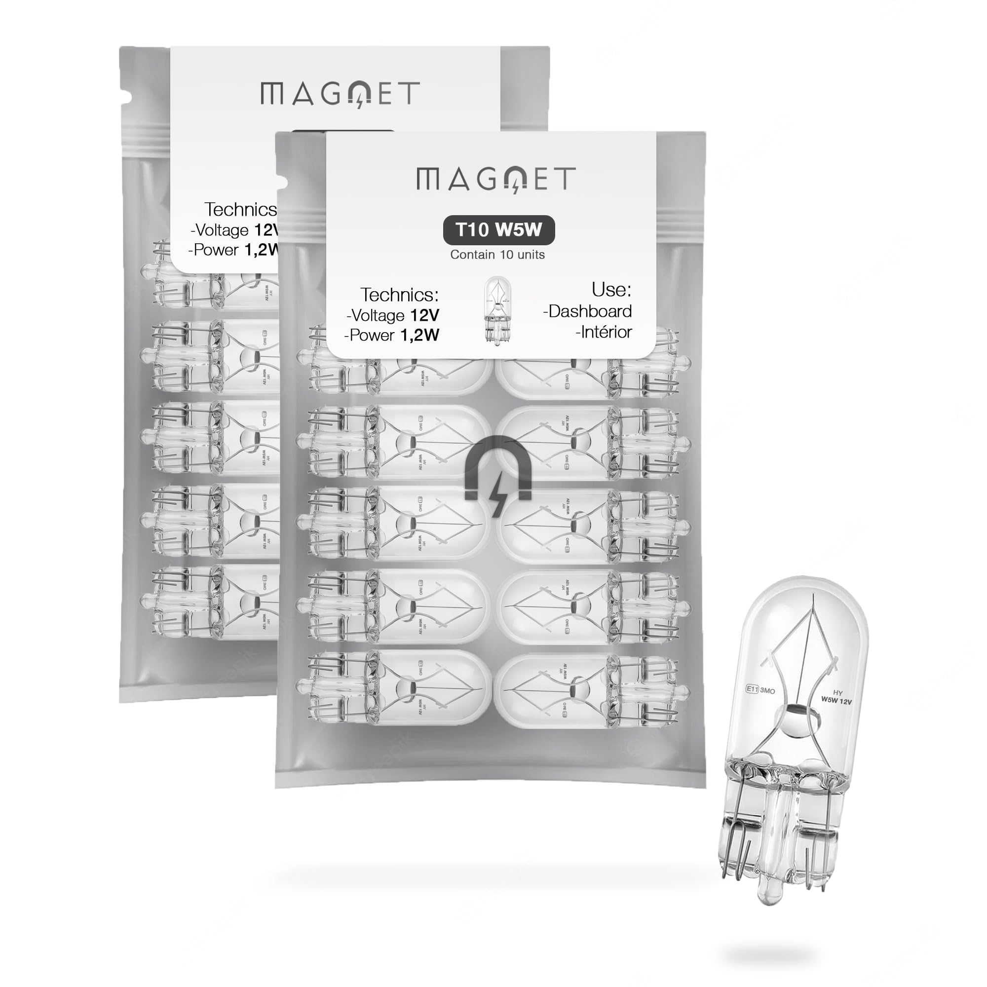 Magnet – Zestaw 20 żarówek halogenowych W5W 12V 5W – T10 W2.1x9.5d – Certyfikat E11 – Do świateł pozycyjnych, wnętrza, tablicy rejestracyjnej – Auto, motocykl, camper