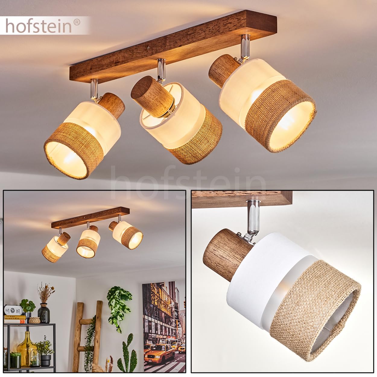 HOFSTEIN Deckenleuchte Fallhagen, verstellbare Deckenlampe aus Holz/Metall/Stoff in Braun/Weiß/Chrom, moderne Leuchte im skandinavischen Design, 3 x E14, Esszimmmer, Schlafzimmer, Wohnzimmer, Küche