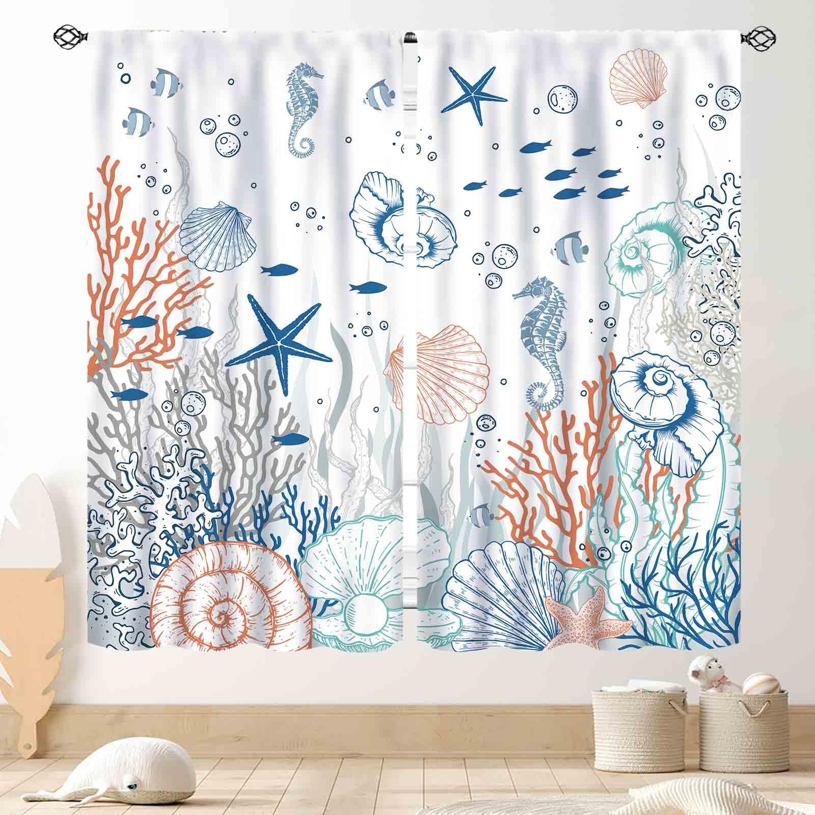 Coastal Curtains, Beach Theme Nautical Sea Turtle Starfish Seashell Seahorse Blackout Drapes for Bedroom Living Room Kids Room Bathroom Kitchen Window Treatments 2 Panel Sets, 42"x45" Inch
