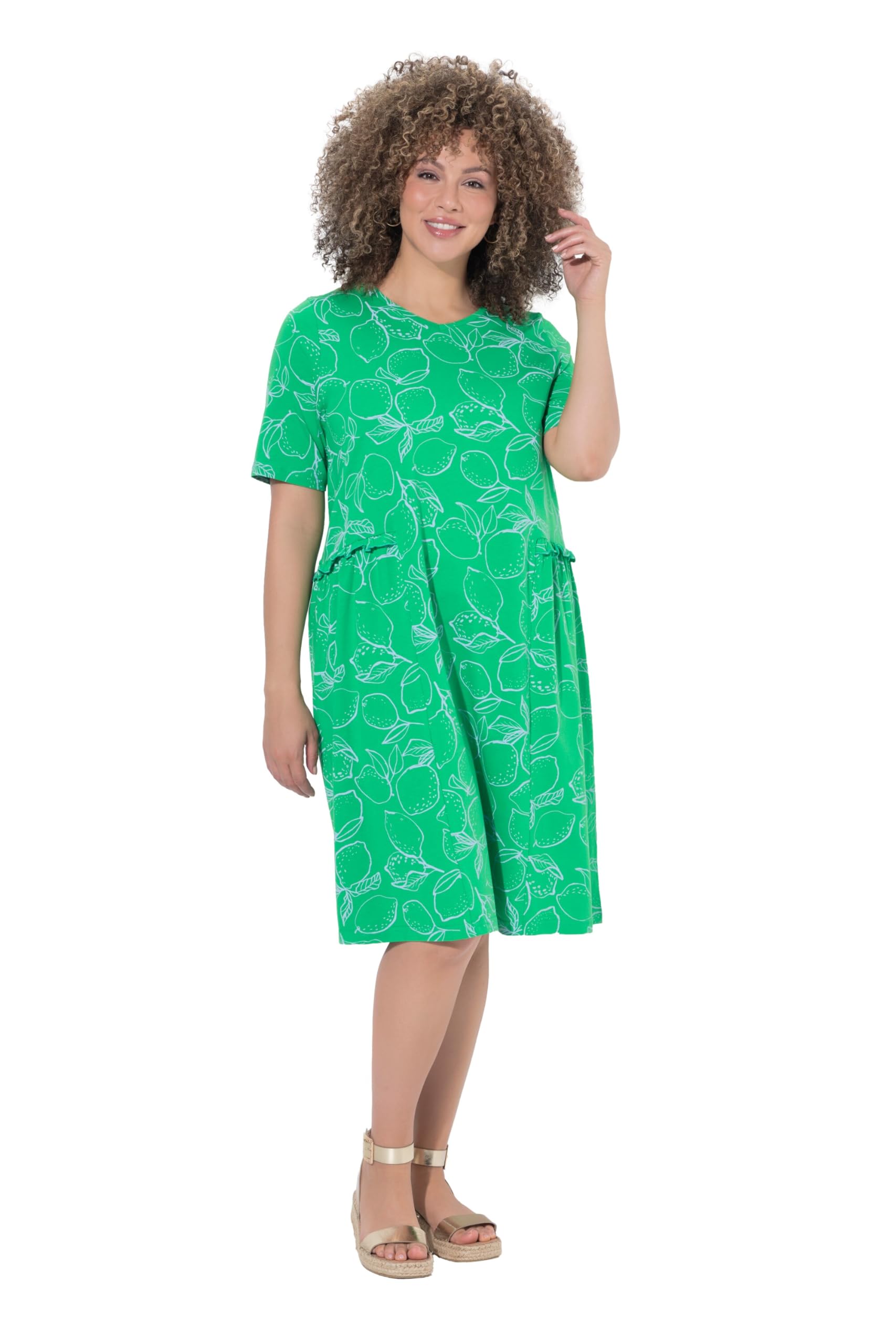 Ulla Popken Damen große Größen Übergrößen Plus Size Jerseykleid, Zitronen, Rüschen, V-Ausschnitt, Halbarm 850204