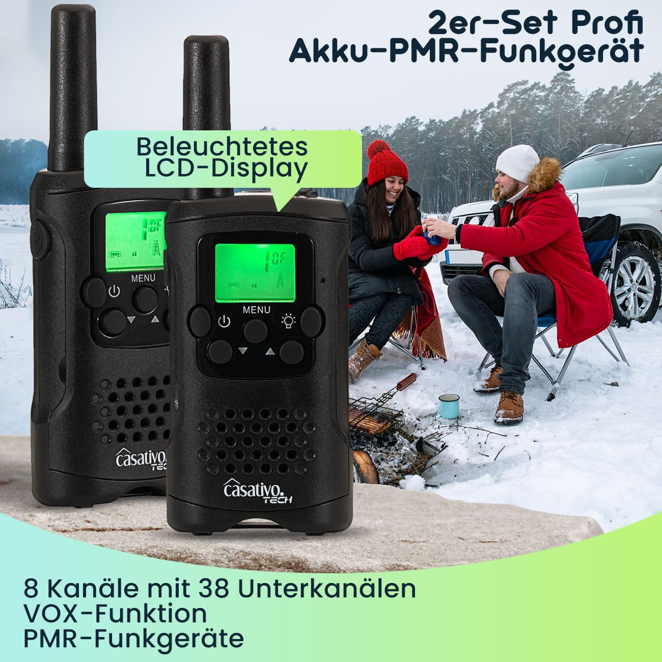 2er-Set Profi Akku-PMR-Funkgerät, Gürtelclip & Taschenlampe, Walkie Talkie mit 10km Reichweite, 8 Kanäle, Ladestation, 8 Stunden Sprechzeit