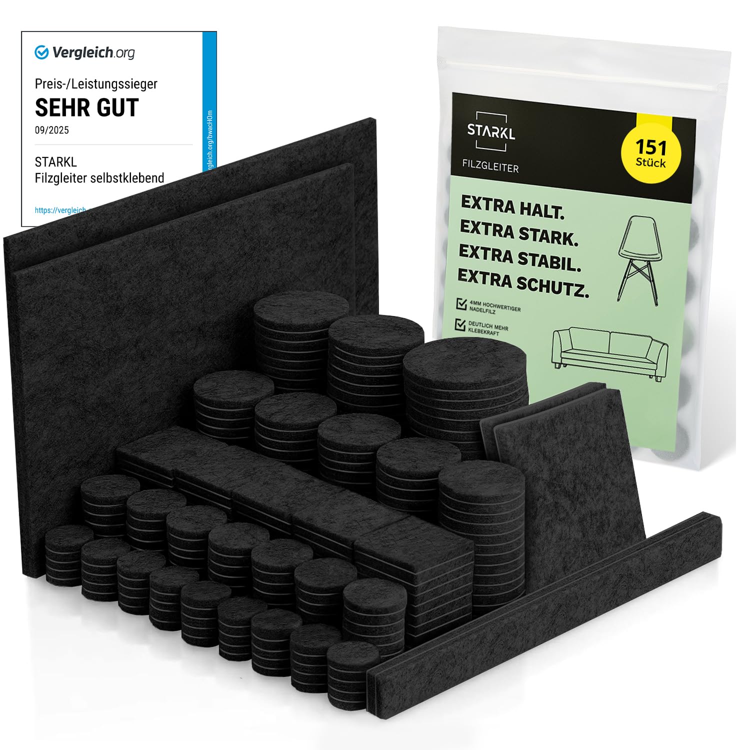 Filzgleiter selbstklebend Schwarz 151 Stück (4 mm) I Filzgleiter für Stühle I Möbelgleiter aus hochwertigem Nadelfilz I Filz selbstklebend I Stuhlgleiter I Klebefilz für Möbelfüße
