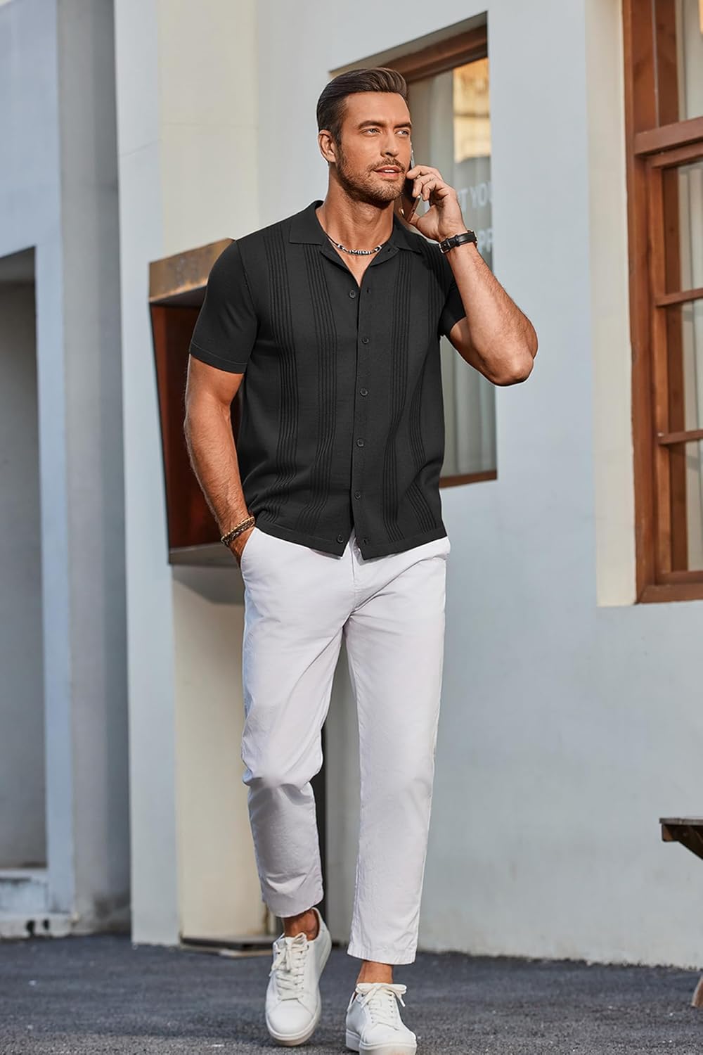 COOFANDY Men's Knit Shirt Short Sleeve Button Down Vintage Polo Shirts Casual Summer Beach Shirts - Image 5