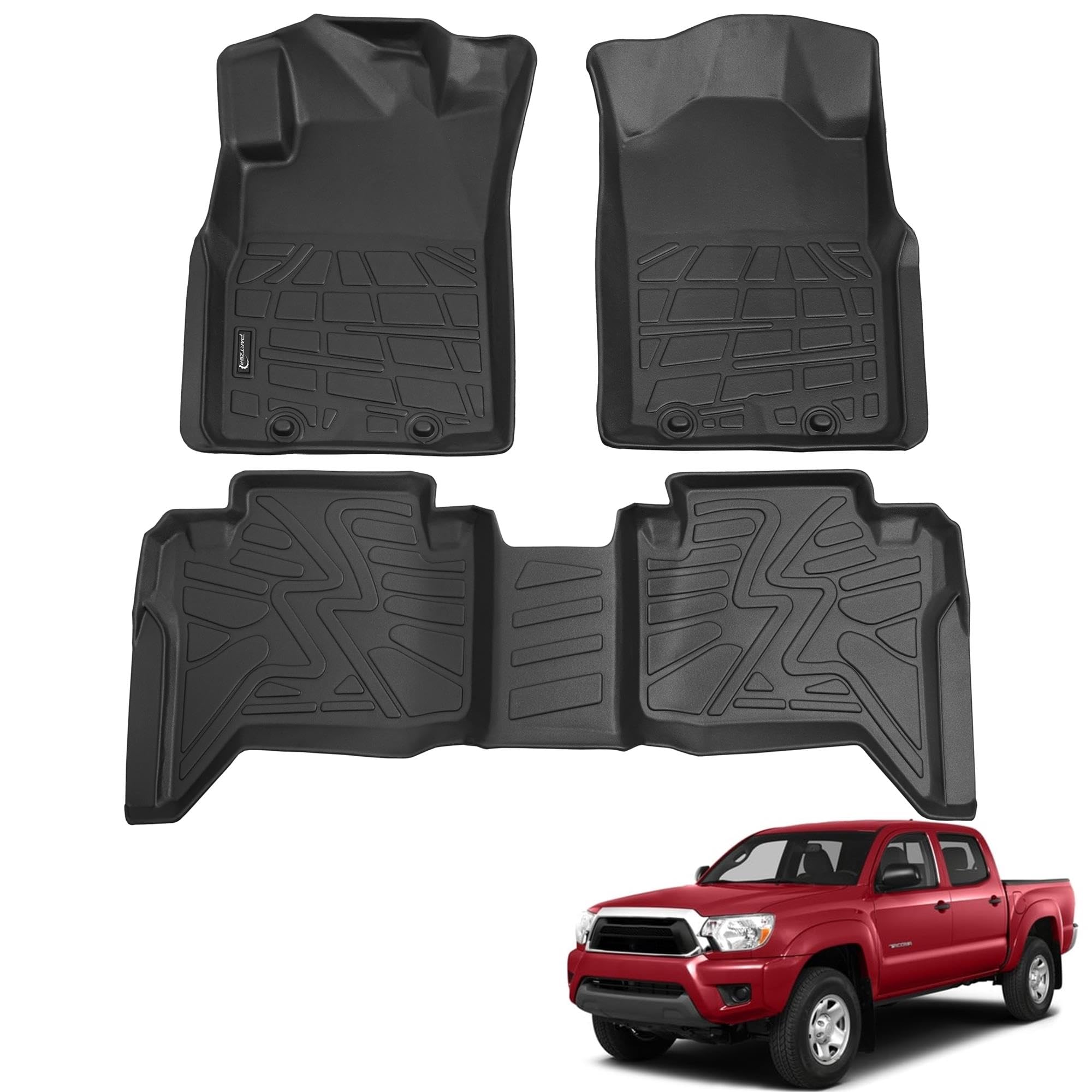 PARTZER Floor Mats Fit for 2005-2015 Toyota Tacoma Double Cab (Only Fit Automatic) Custom Fit TPE All Weather Front & 2nd Row Floor Liners - 3 PCS