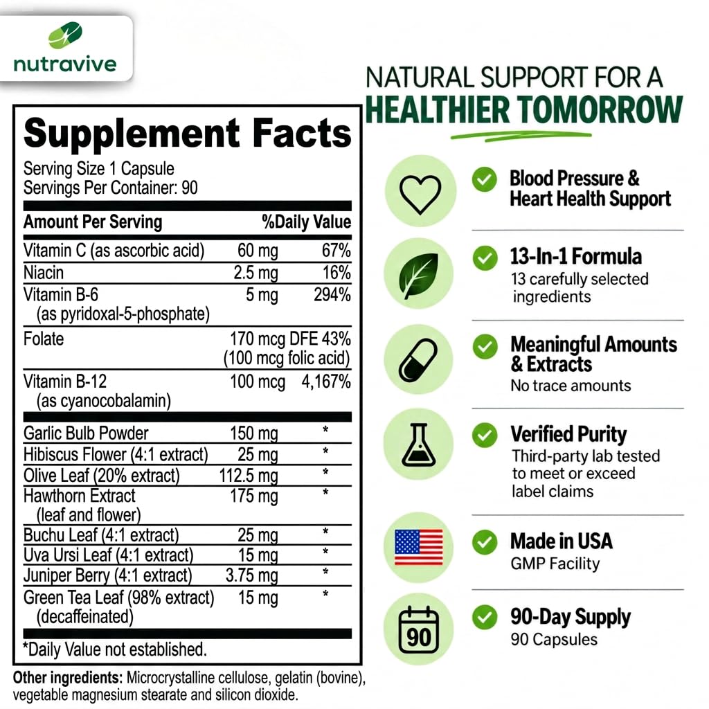 13-in-1 Heart Health Supplement, Blood Pressure Support, 90 Capsules — Amazon image 4