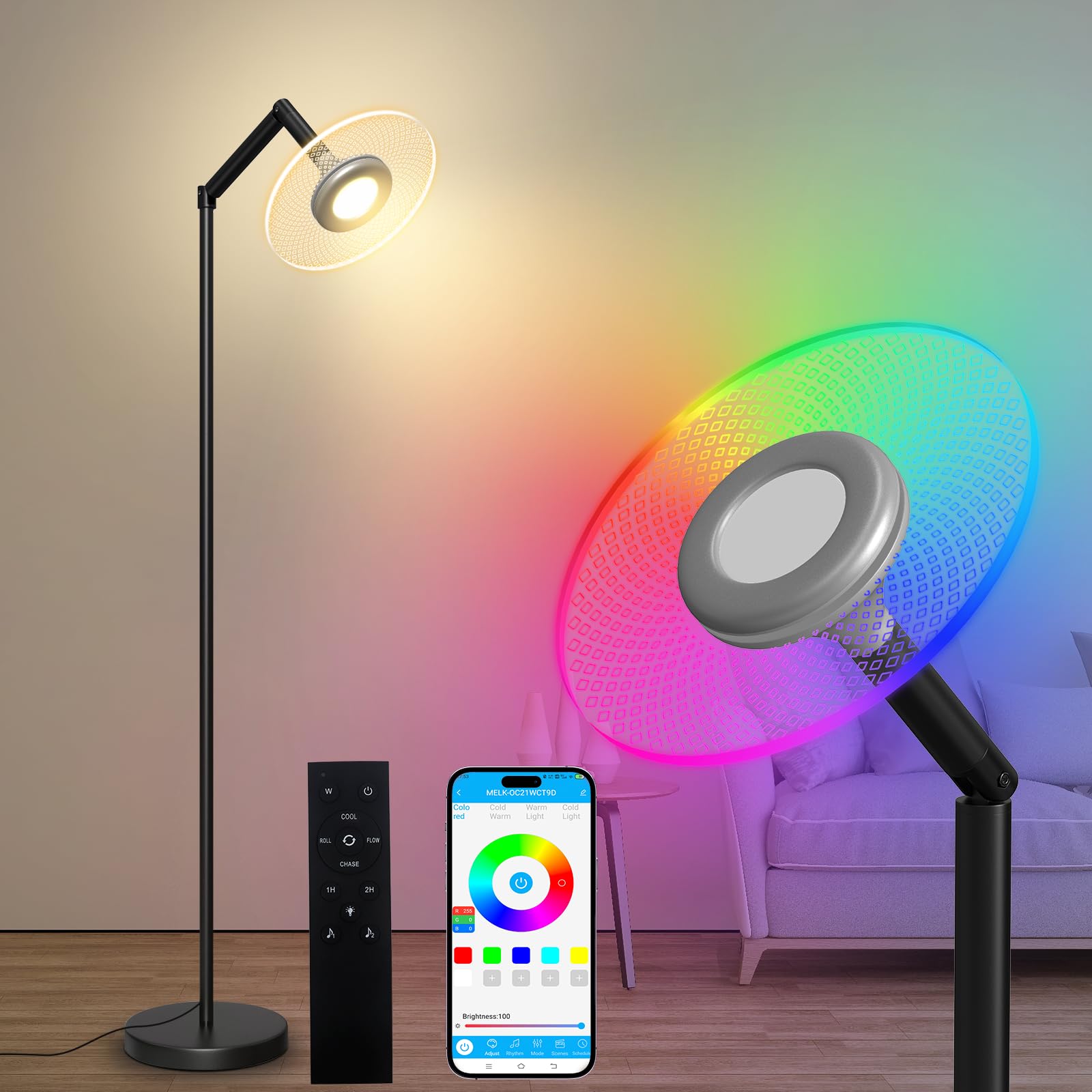Yicenscoltd Lámpara de pie LED, 16 millones de colores, 3 temperaturas, regulable, control remoto & app, compatible con Alexa, sincronización musical, temporizador, para salón, dormitorio, oficina.