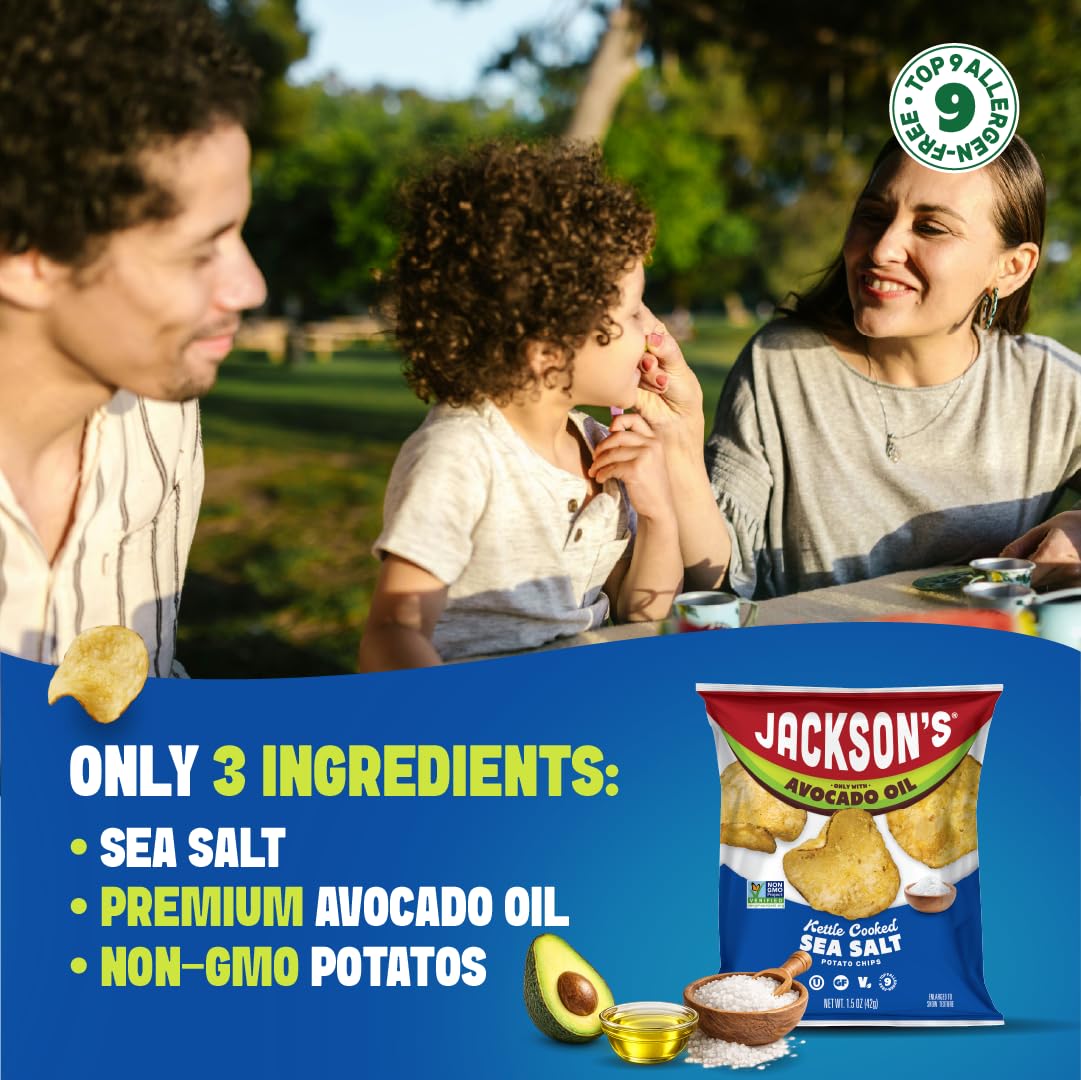 Jackson’s Potato Classic Kettle Chips with Sea Salt (1.5oz, Pack of 18) - Made with Premium Avocado Oil - Allergen-friendly, Gluten Free, Peanut Free, Vegan, Kosher - Shark Tank Product