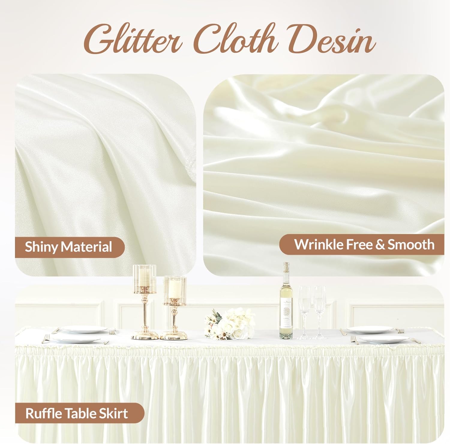 14ft Length Glitter Ivory Table Skirt for 8ft Rectangle Tables, Wrinkle Free Pleated Ruffle Table Cloth Skirting for Baby Shower Weddings Birthday Party Banquet Dessert Cake Table Decorations