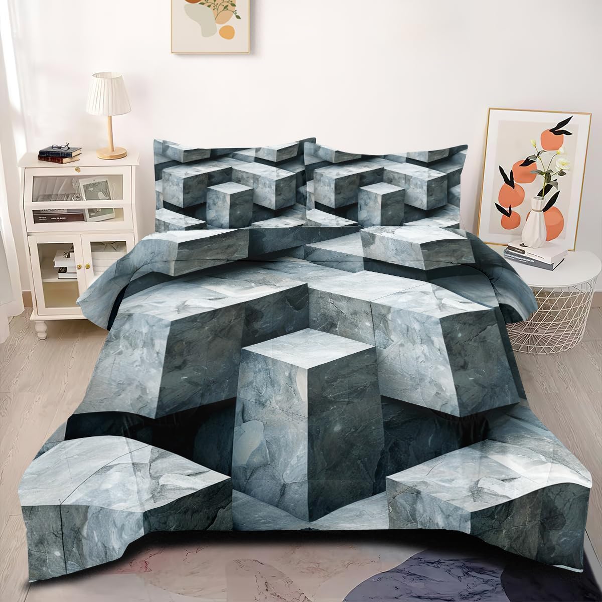 Menkala 3D Cuboid Comforter Set Grey Geometric Full Size