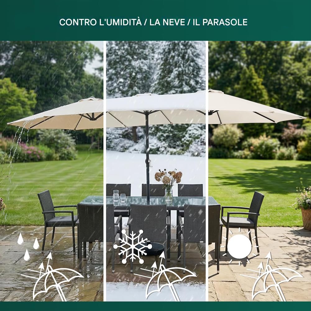 BAKAJI Ombrellone Doppio da Patio Rettangolare con Sistema di Apertura e Chiusura Manovella, 3 Tettucci Poliestere Anti UV e Impermeabile, Ideale per Giardino, Esterno, Bistrot, Bar (4,5 x 2,7 Metri)