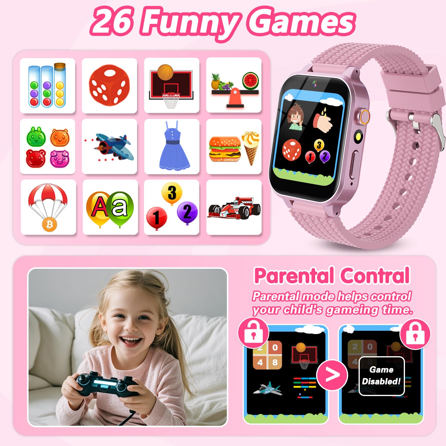 Smart Watch per bambini e ragazze, regalo dai 3 ai 12 anni, 2 pellicole proteggi schermo, 26 giochi di puzzle, fotocamera HD, lettore musicale e video touchscreen, pedometro, giocattolo educativo