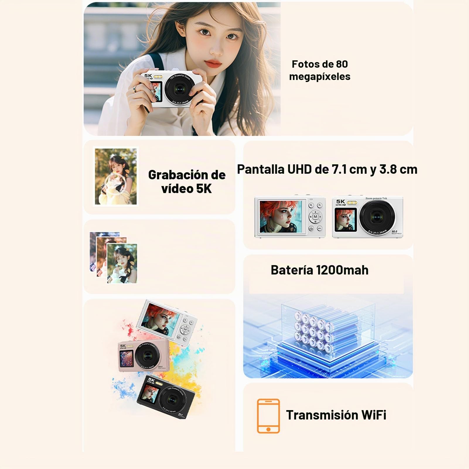 BuyWeek Cámara Digital Fotográfica 5K 80MP con WiFi, Zoom Digital 18X Autoenfoque Cámara HD Vlogging con Pantalla Dual de 2,8 Pulgadas y 1,5 Pulgadas, Flash Integrado, con Tarjeta de (Negra)