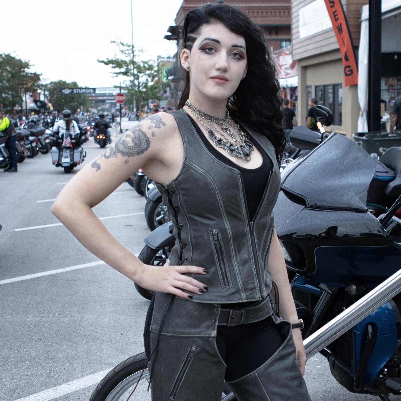 Milwaukee Leather Women's V-Neck Distress Grey Premium Leather Motorcycle Rider Vest w/Side Laces MLL4531 - X-Small - Image 3