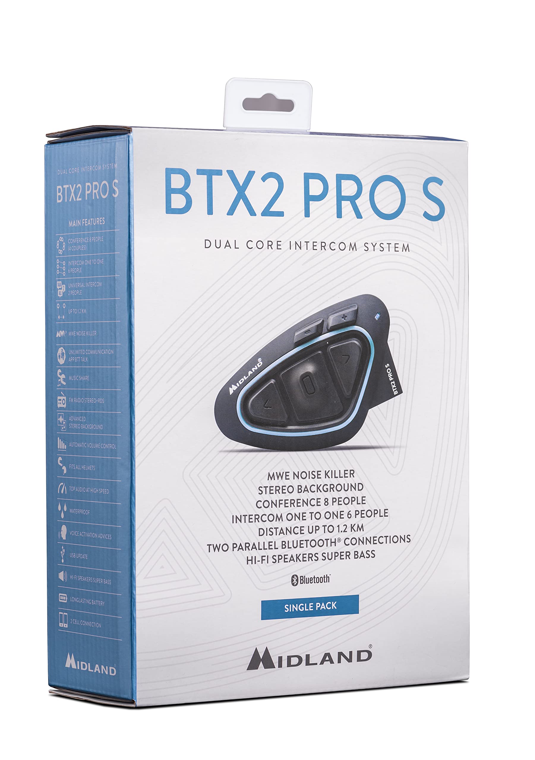 Midland BTX2 Pro S Single C1414.04, Single Bluetooth Motorcycle Intercom, IPX6 Waterproof Helmet Headset, Noise Cancelling, Up to 8 People, 23h Battery, Range 800 m