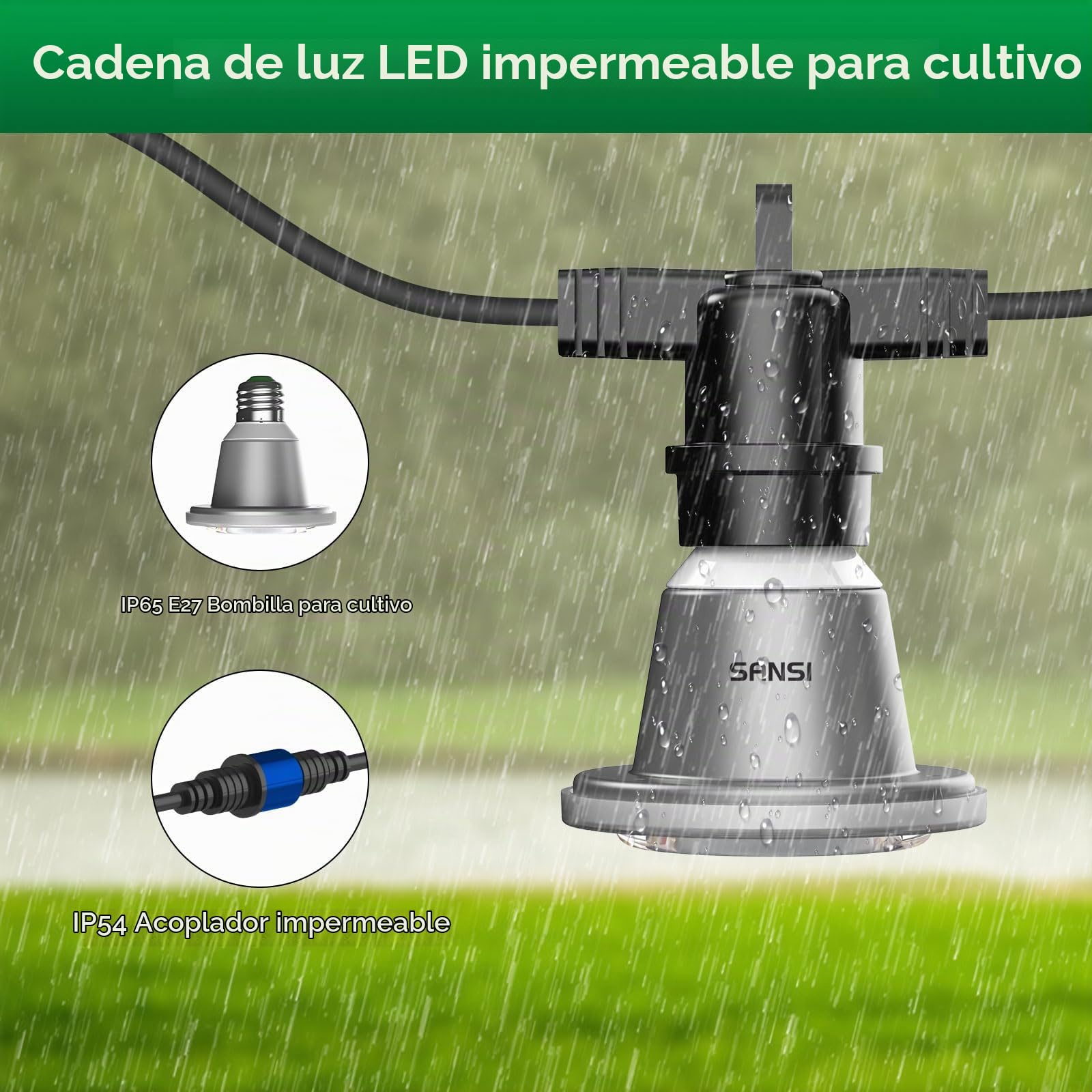 SANSI Lámpara de Planta con 6 Bombillas de Crecimiento LED E27 12W, Luz de Cultivo Espectro Completo IP54 Impermeable para Germinación y Floración Plantas Interiors Exteriores - 6,7 Metros | Con 6 bombillas E27 de 12 W para plantas de interior, invernader
