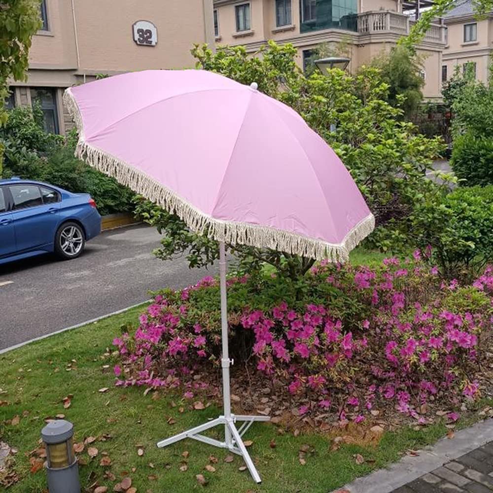 Patio Strandparaplu met Franje En Draagtas,Roze Wit Gestreepte UV-bescherming Tuin Tassel Paraplu's met Opvouwbare Push Button Kantelen Houten Paal, Parasol voor Vakantie Ga(Size:7'H,Color:Roze en wit