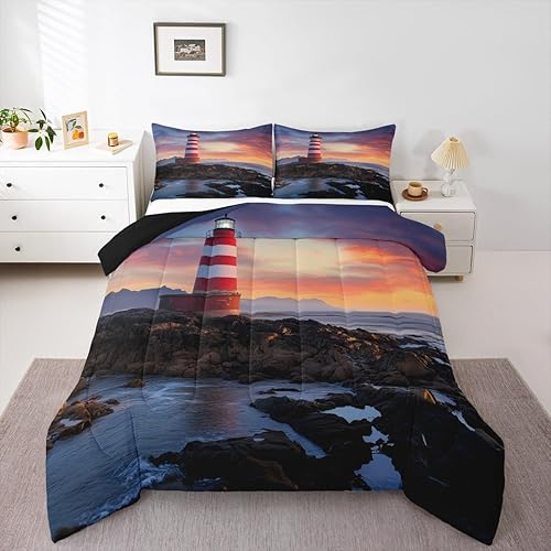 Erosebridal Lighthouse - Juego de edredón de playa costera, tamaño Queen, juego de edredón de temática náutica, juegos de edredón de nubes rosas,