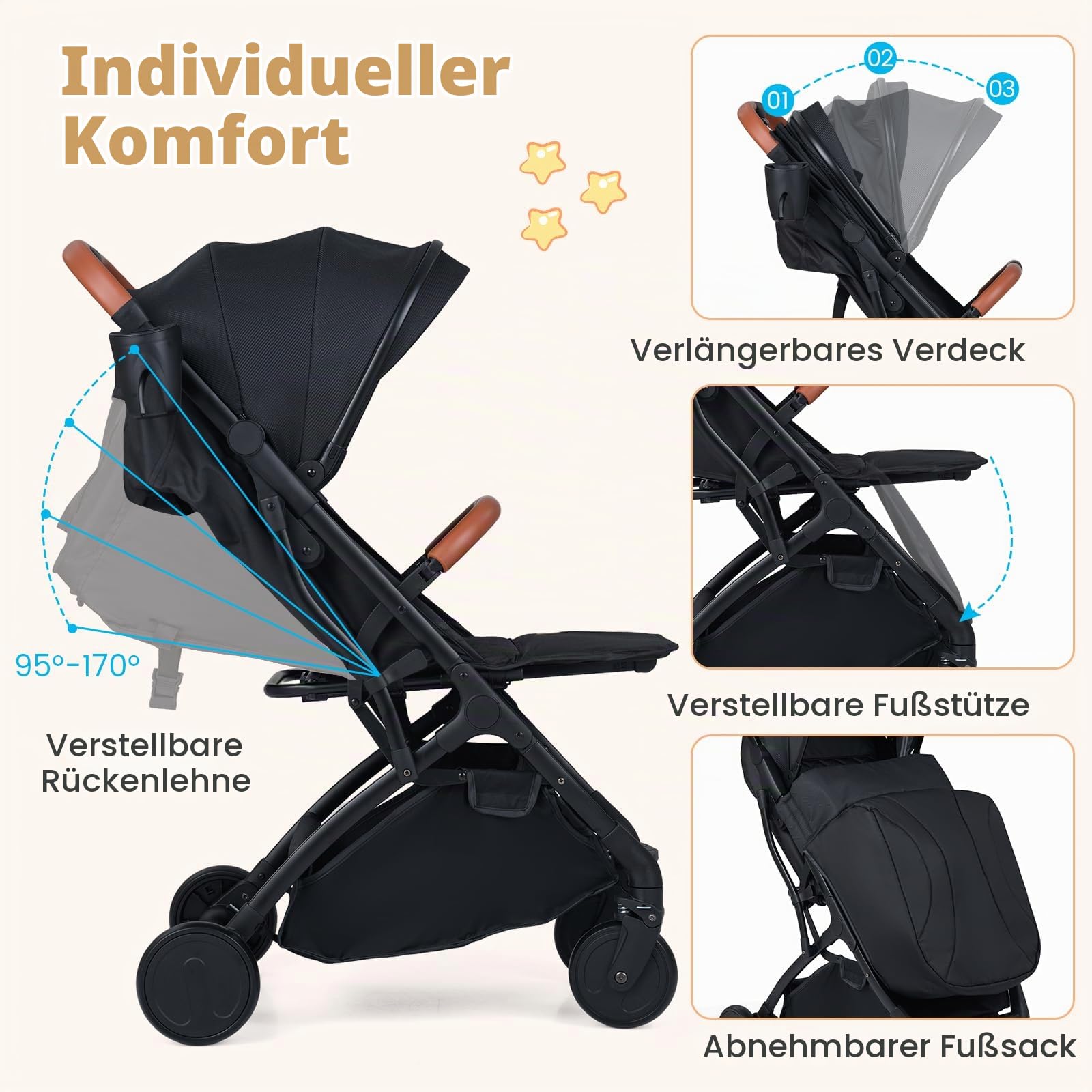 COSTWAY Kinderwagen klappbar mit Regenschutz, Reisebuggy mit verstellbarem Rückenlehne, Fußstütze, Verdeck & Griff, Babywagen mit Liegefunktion, Buggy für Baby bis 3 Jahren, 15 kg belastbar (Schwarz)