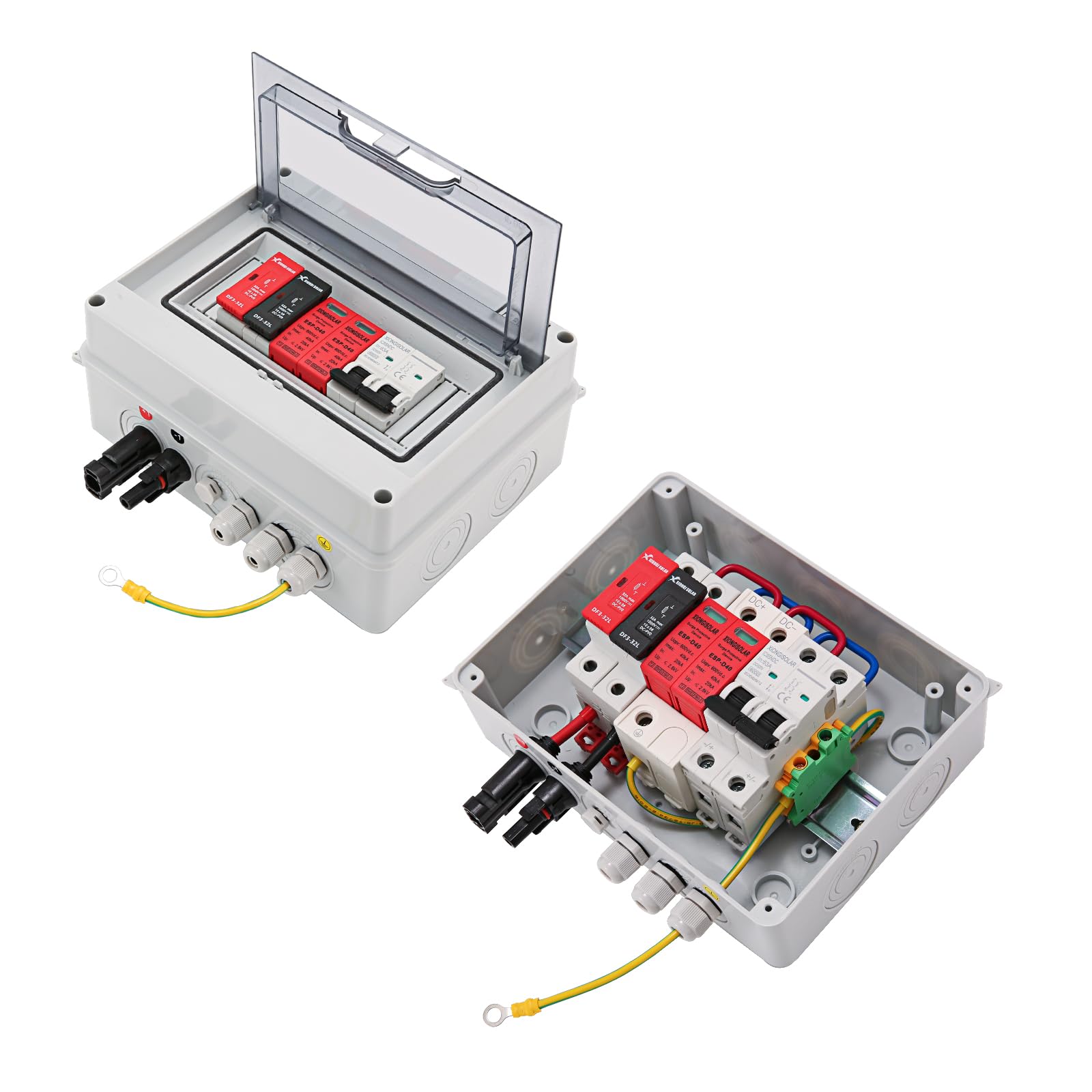 VOU Combinateur solaire DC 600 V pour panneau solaire, 1 chaîne avec connecteur parafoudre pour système de panneau solaire marche/arrêt, 1 entrée 1 sortie 15 A, disjoncteur 63 A, étanche