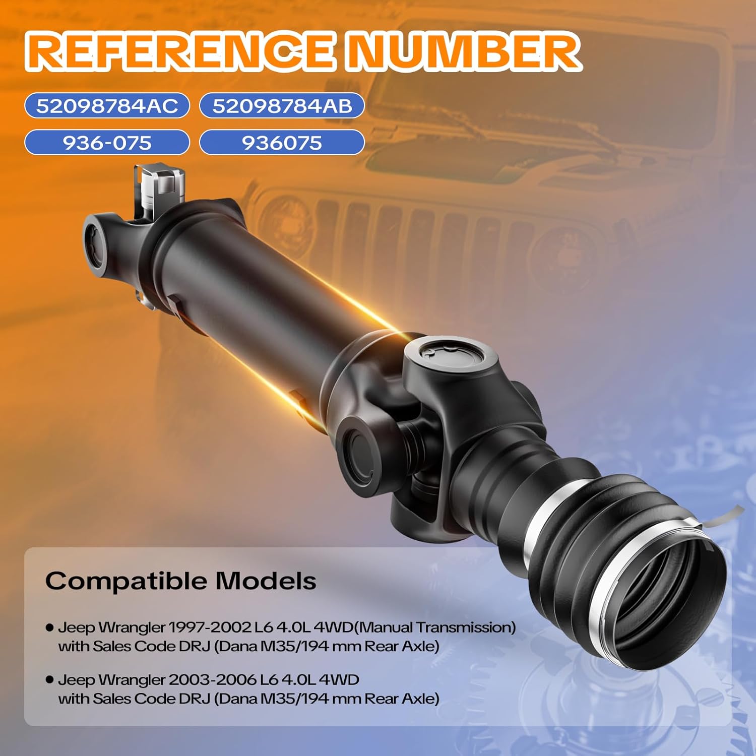 Rear Drive Shaft Assembly Fit for 1997-2002 Jeep Wrangler [Manual trans], for Jeep Wrangler 2003-2006 [4WD, L6 4.0L], Replaces 52098784AC (w/Sales Code DRJ Dana M35/194 mm Rear Axle)