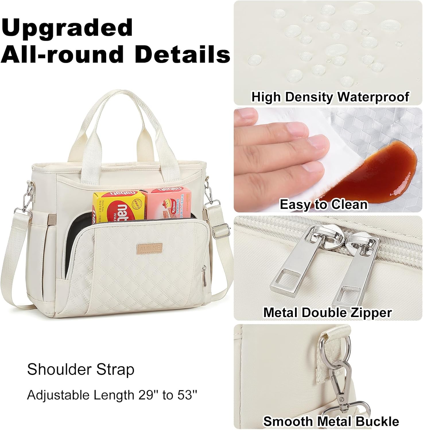 AIJIEKE Insulated Lunch Bag for Women, Lunch Box, Lunch Tote for Work, Large Leak Proof Cooler Bag with Removable Strap, Reusable Adult Lunchbag, Picnic, Office, Beach, Beige - Image 5