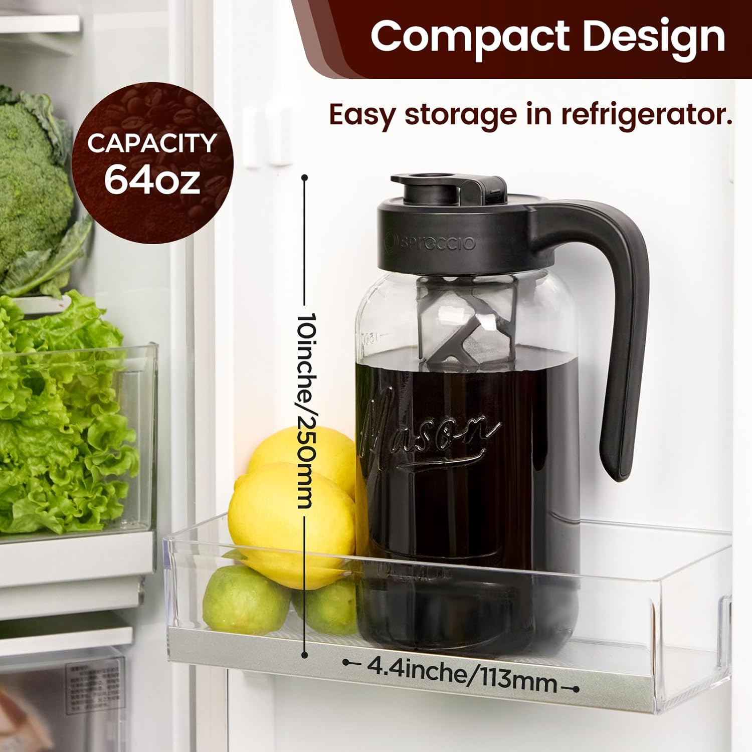 Cold Brew Coffee Maker Glass, Airtight & Leakproof Mason Jar Pitcher with Cold Brew Filter, 64 oz Glass Pitcher with Lid for Iced Coffee, Lemonade, Ice Tea - Image 2