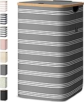 Vista 15 de BALEINE Cesta de lavandería con tapa, cestas altas para la ropa sucia con asas de bambú, contenedor grande para la ropa sucia con soporte interno